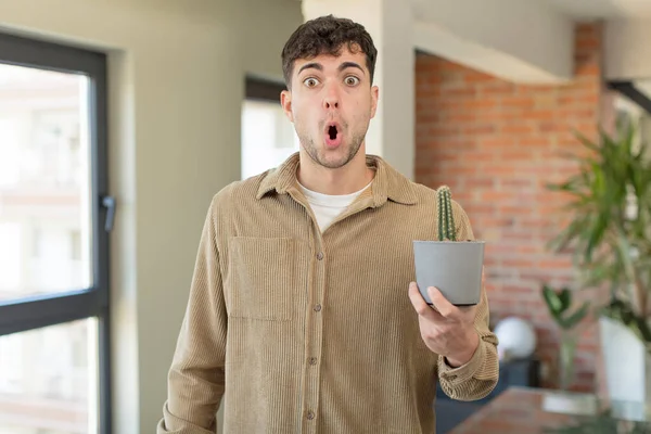 Young Handsome Man Feeling Extremely Shocked Surprised Cactus Plant Concept — Stock Photo, Image