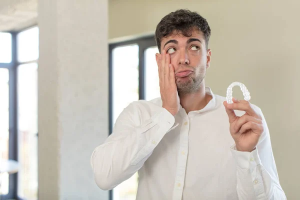 Young Handsome Man Feeling Bored Frustrated Sleepy Tiresome Dental Retainer — Stock Photo, Image