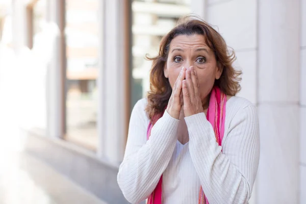 Middle Age Woman Looking Happy Cheerful Lucky Surprised Covering Mouth — Stock Photo, Image