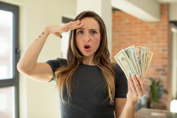Pretty Woman Looking Happy Astonished Surprised Dollar Banknotes Concept — Stockfoto