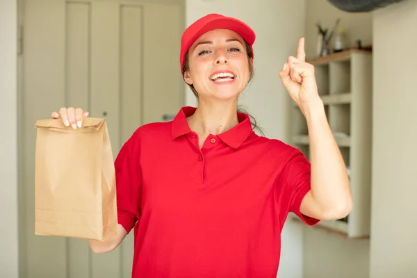 Pretty Woman Feeling Happy Excited Genius Realizing Idea Delivery Take — Stock Photo, Image