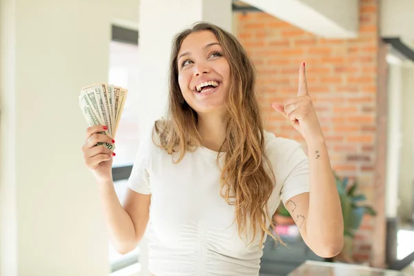 Pretty Woman Feeling Happy Excited Genius Realizing Idea Dollar Banknotes — Stockfoto