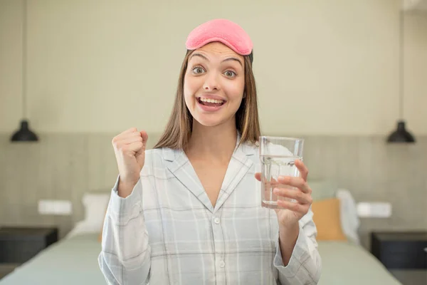 Young Pretty Woman Feeling Shocked Laughing Celebrating Success Water Glass — Stock Photo, Image