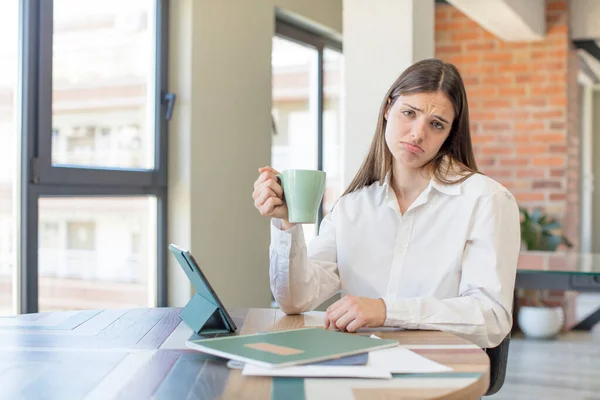 Young Pretty Woman Feeling Sad Whiney Unhappy Look Crying Telecommuting — Stock Photo, Image