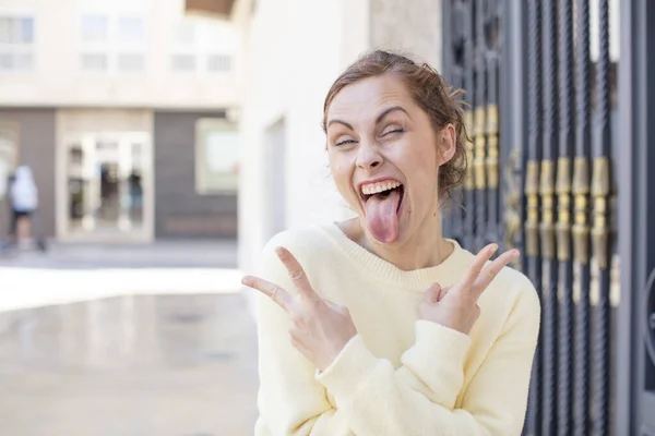Pretty Young Woman Smiling Looking Happy Friendly Satisfied Gesturing Victory — Stock Photo, Image