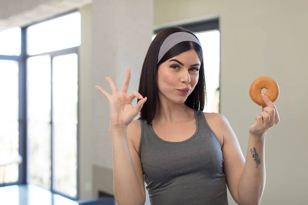 Pretty Young Woman Feeling Happy Showing Approval Okay Gesture Donut — Stock Photo, Image