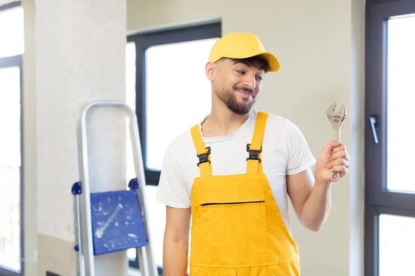 Young Handsome Man Smiling Looking Happy Confident Expression Handyman Concept — Stock Photo, Image