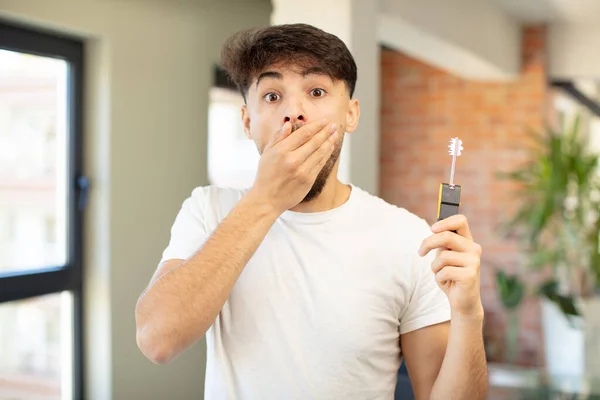 Young Handsome Man Covering Mouth Hand Shocked Surprised Expression New — Stock Photo, Image