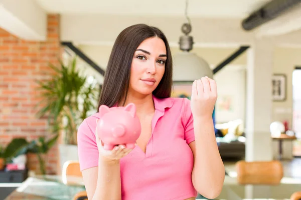 Young Pretty Woman Piggy Bank Home Savings Concept — Foto de Stock