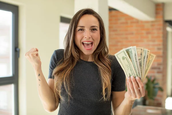 Pretty Woman Feeling Shocked Laughing Celebrating Success Dollar Banknotes Concept — Foto de Stock