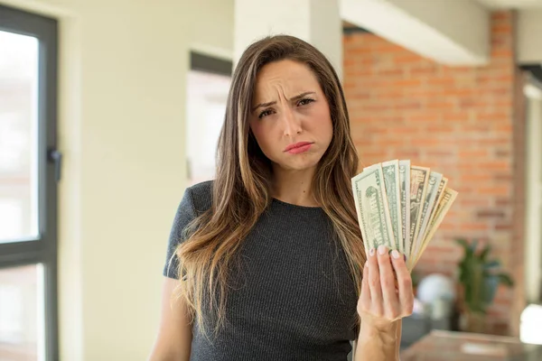 Pretty Woman Feeling Sad Whiney Unhappy Look Crying Dollar Banknotes — Foto Stock
