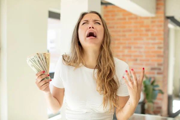 Pretty Woman Screaming Hands Air Dollar Banknotes Concept — Stock Photo, Image
