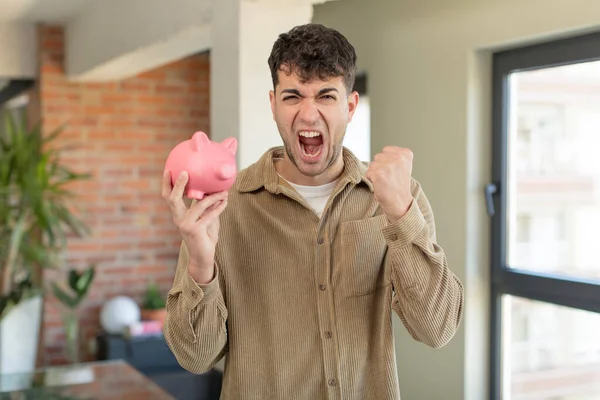 Young Handsome Man Looking Angry Annoyed Frustrated Piggy Bank Concept — Stock Photo, Image