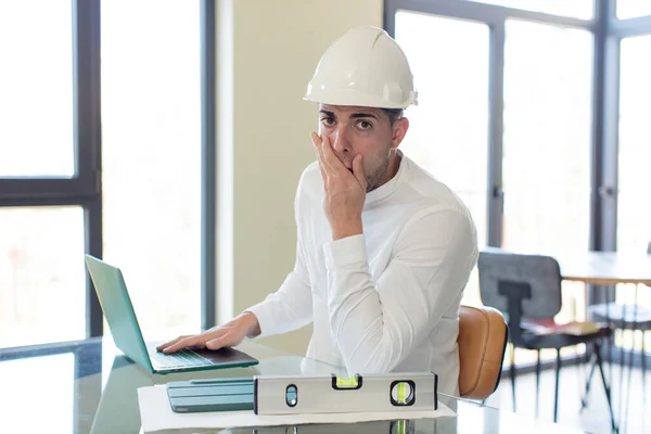 Young Handsome Man Covering Mouth Hand Shocked Surprised Expression Architect — Stock Photo, Image
