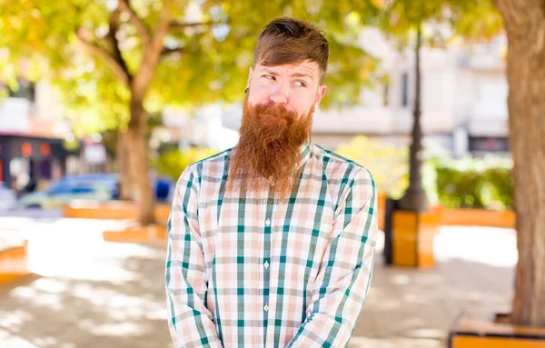Red Hair Bearded Man Wondering Thinking Happy Thoughts Ideas Daydreaming — Stock Photo, Image