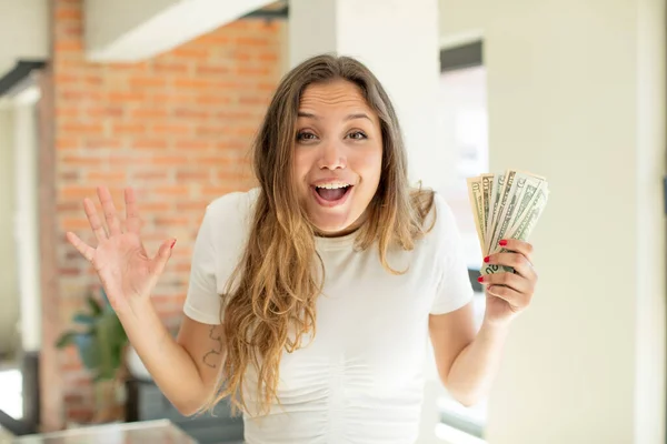 Pretty Woman Feeling Happy Astonished Something Unbelievable Dollar Banknotes Concept — Foto Stock
