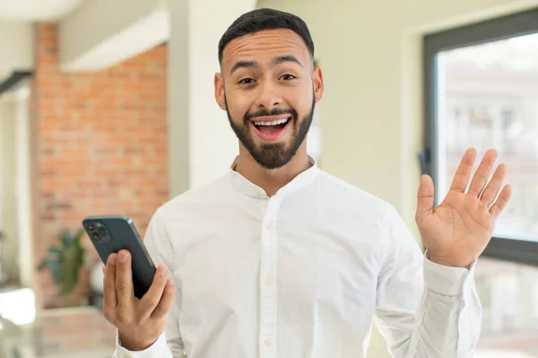 Young Adult Man Feeling Happy Astonished Something Unbelievable Smartphone Concept — Stock Photo, Image