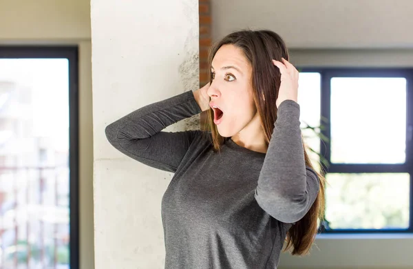 Young Adult Pretty Woman Open Mouth Looking Horrified Shocked Because — Fotografia de Stock