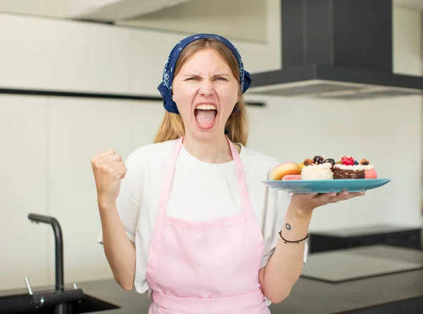 Young Pretty Woman Looking Angry Annoyed Frustrated Home Made Cakes — Foto de Stock