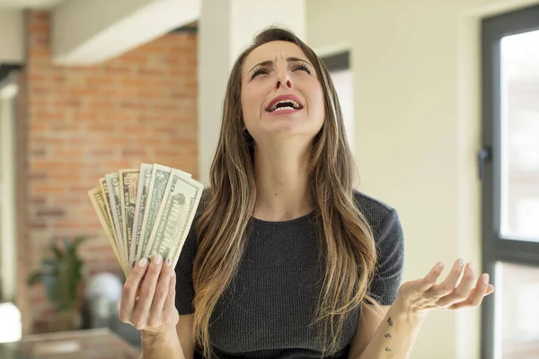 Pretty Woman Screaming Hands Air Dollar Banknotes Concept — Stockfoto