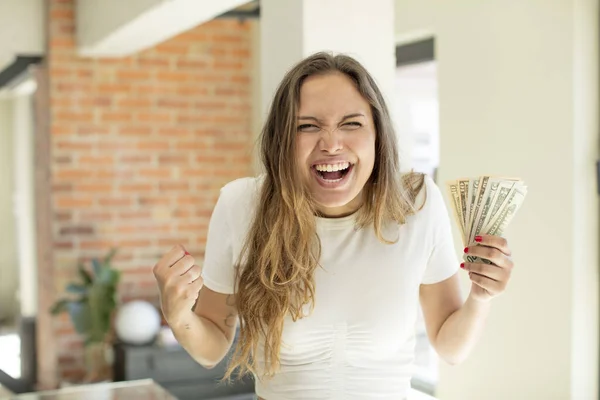 Pretty Woman Looking Angry Annoyed Frustrated Dollar Banknotes Concept — Stockfoto