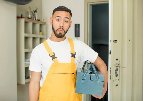 Young Adult Man Feeling Sad Whiney Unhappy Look Crying Handyman — Stock Photo, Image