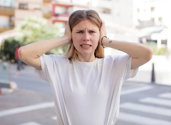 Pretty Young Woman Feeling Stressed Worried Anxious Scared Hands Head — Stock Photo, Image