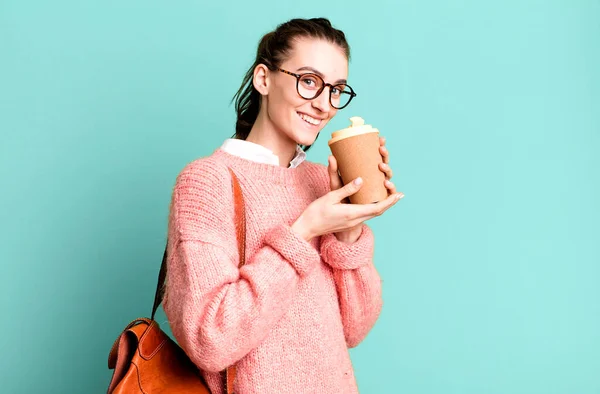 stock image young pretty woman university student cocnept holding a take away concept