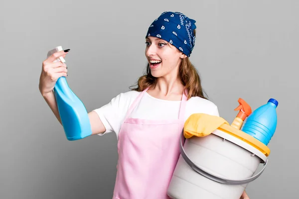 Caucasian Pretty Blonde Woman Housekeeper Clean Products Concept — Fotografia de Stock