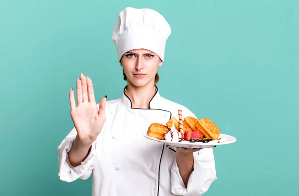 Caucasian Pretty Blonde Woman Chef Concept Waffles — 图库照片