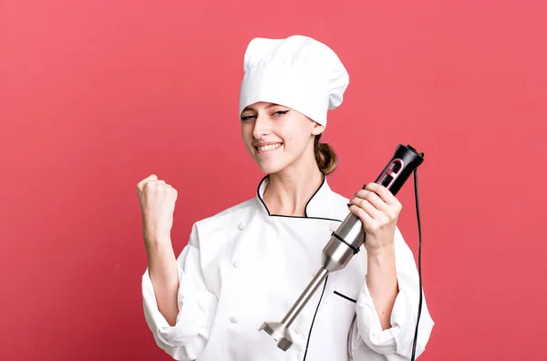 Caucasian Pretty Blonde Woman Chef Concept Hand Mixer — Stock Photo, Image