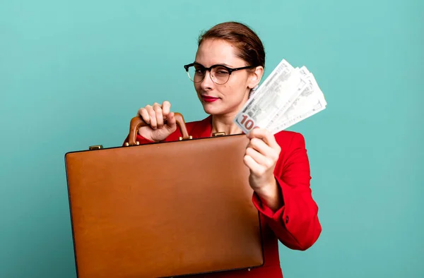 Young Adult Pretty Businesswoman Suitcase Bills —  Fotos de Stock