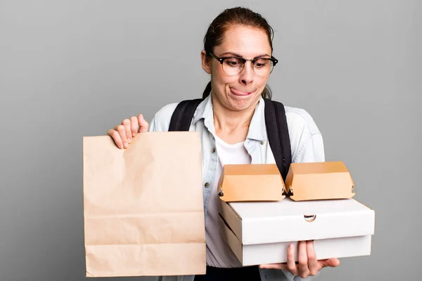 Young Adult Pretty Woman Take Away Delivery Fast Food Boxes — Stockfoto
