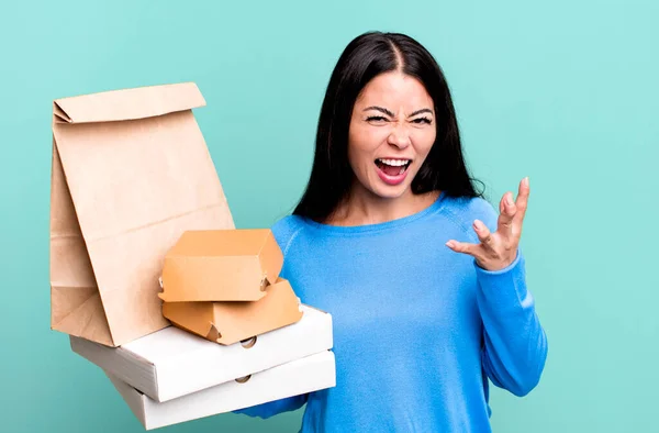 Hispanic Pretty Woman Looking Angry Annoyed Frustrated Take Away Fast — Stock Photo, Image