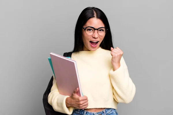 Hispanic Pretty Woman Feeling Shocked Laughing Celebrating Success University Student — Zdjęcie stockowe