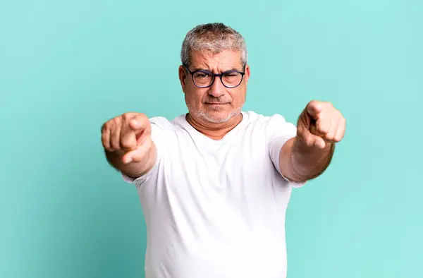 Middle Age Senior Man Pointing Forward Camera Both Fingers Angry — Stock Photo, Image