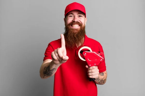 Long Beard Man Smiling Proudly Confidently Making Number One Shipping — Stock Photo, Image