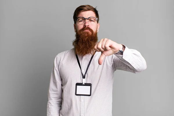 Long Beard Man Feeling Cross Showing Thumbs Vip Badge Accreditation — Stock Photo, Image