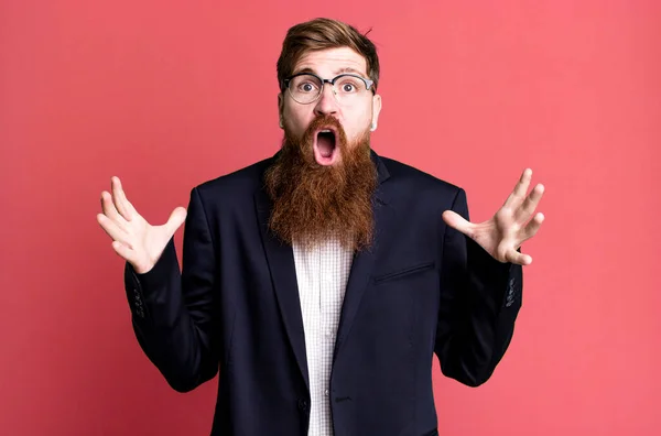 Длинная Бородатый Человек Чувствует Себя Чрезвычайно Шокирован Удивлен Бизнес Концепция — стоковое фото