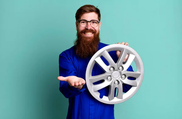 Long Beard Man Smiling Happily Friendly Offering Showing Concept Car — Stock Photo, Image