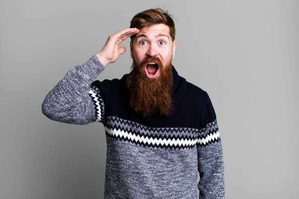 Longa Barba Cabelo Ruivo Homem Olhando Feliz Surpreso Surpreso — Fotografia de Stock