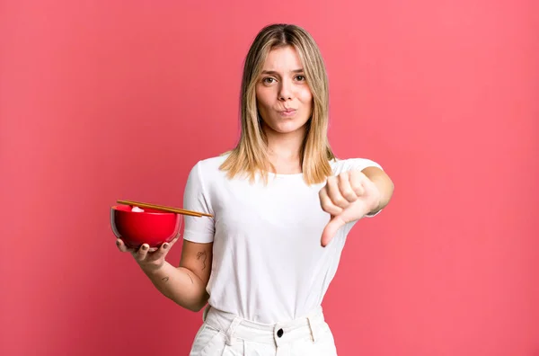 Young Pretty Woman Feeling Cross Showing Thumbs Japanese Ramen Noodles — Stock Photo, Image