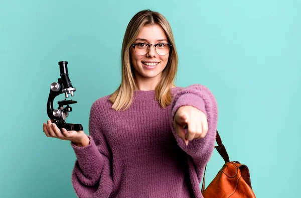 Young Pretty Woman Pointing Camera Choosing You Science University Student — Stock Photo, Image