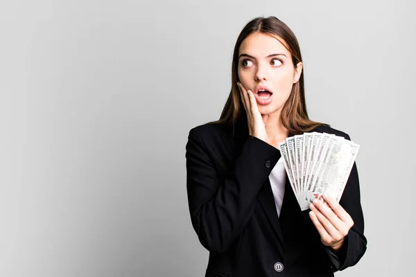 Young Pretty Woman Feeling Happy Excited Surprised Business Dolla Banknotes — Stock Photo, Image