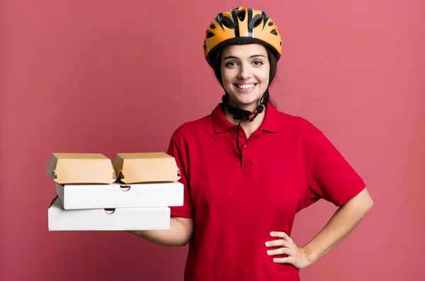 Young Pretty Woman Smiling Happily Hand Hip Confident Pizza Delivery —  Fotos de Stock