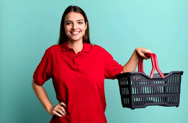 Young Pretty Woman Smiling Happily Hand Hip Confident Empty Shopping — Stockfoto