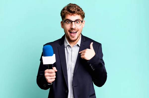 Young Adult Caucasian Man Feeling Happy Pointing Self Excited Journalist — Stock Photo, Image