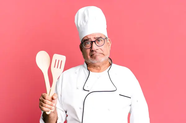 Middle Age Senior Man Looking Puzzled Confused Restaurant Chef Tool — Stock Photo, Image