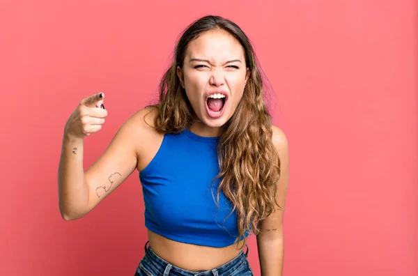 Young Pretty Woman Pointing Camera Angry Aggressive Expression Looking Furious — Stock Photo, Image