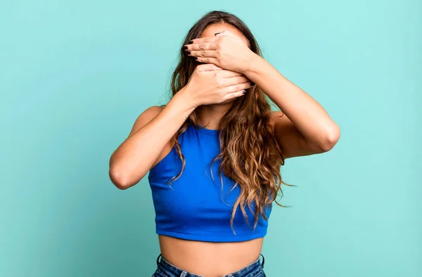 Young Pretty Woman Covering Face Both Hands Saying Camera Refusing — Stock Photo, Image